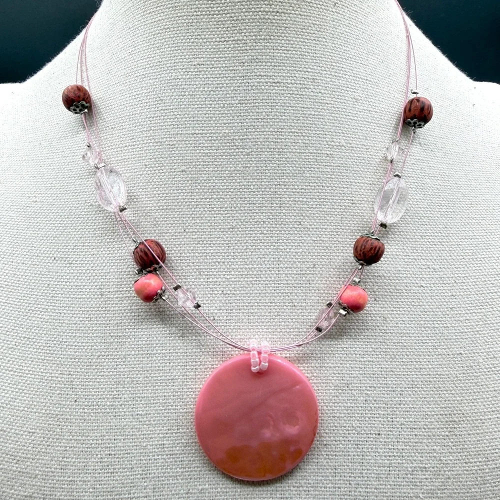 Pink Shell Disc Pendant Beaded Necklace Boho Statement Cottagecore Festival Gift